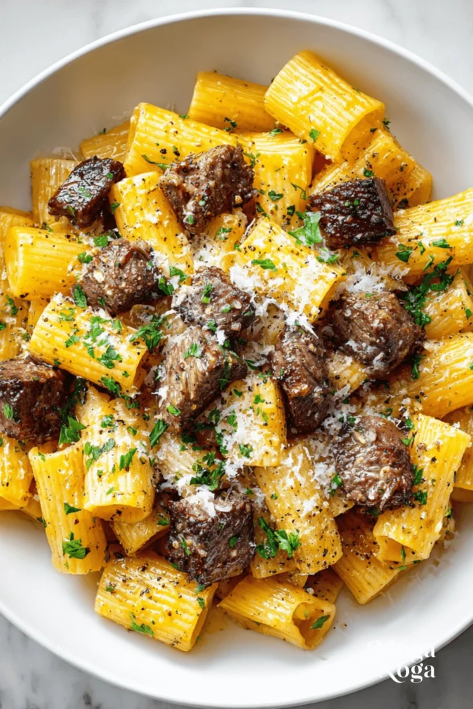 Cajun Steak Tips in Cheesy Rigatoni Parmesan Sauce-1