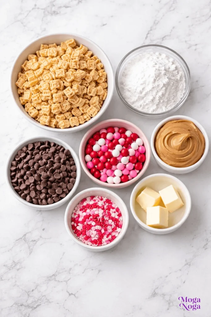 Valentine’s Day Muddy Buddies :Puppy Chow-ingredients