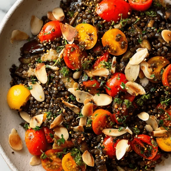 Roasted eggplant black lentil salad