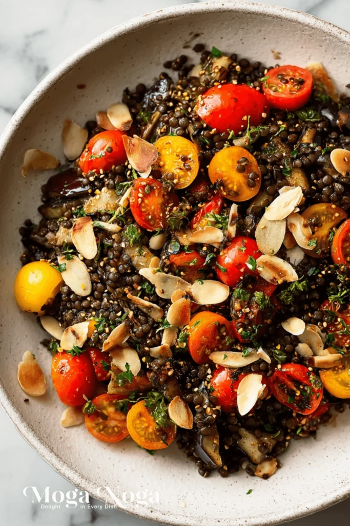 Roasted eggplant black lentil salad
