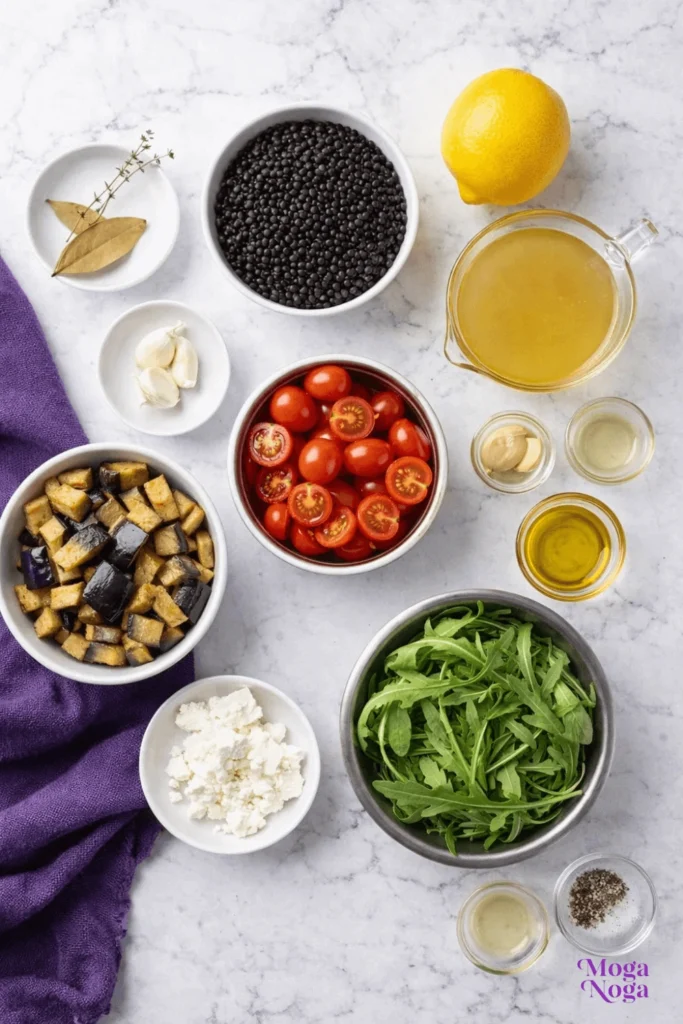 Roasted eggplant black lentil salad-ingredients