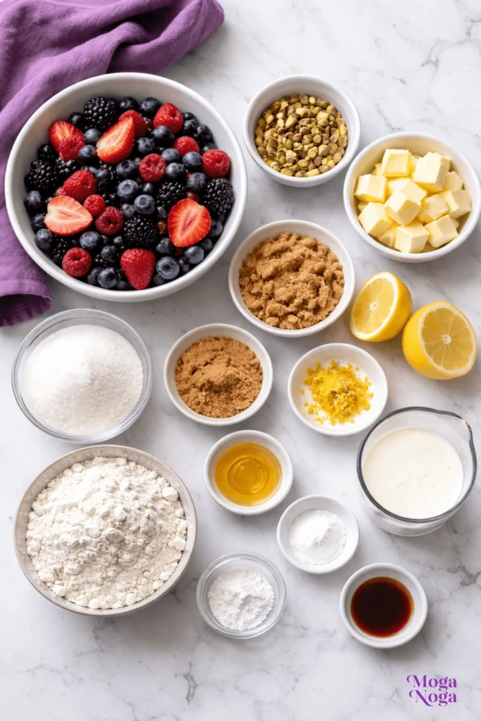 Mixed Berry Cobbler with Lemon-Pistachio Biscuits-Ingredients