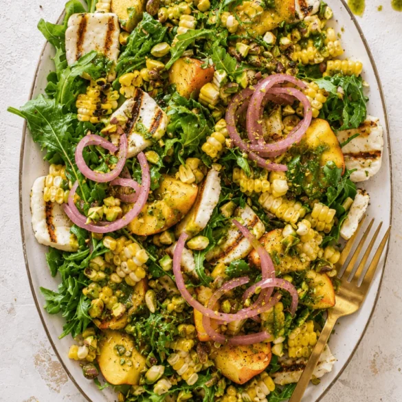 Grilled Halloumi, Corn and Peach Summer Salad