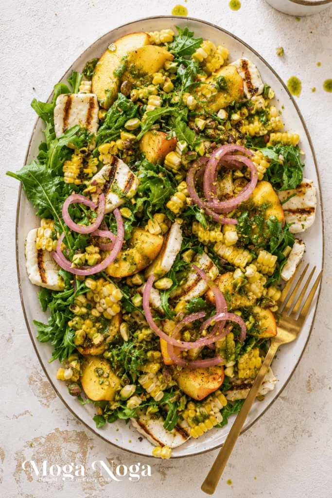 Grilled Halloumi, Corn and Peach Summer Salad